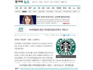 소비자들이 꼽은 커피전문점 만족도 1위는?. 2015.02.22 . 한겨례신문
출처 : http://www.hani.co.kr/arti/economy/economy_general/679131.html
 