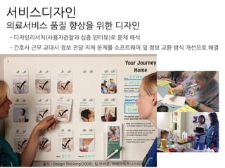 의료서비스 품질 향상을 위한 디자인
- 디자인리서치(사용자관찰과 심층 인터뷰)로 문제 해석
- 간호사 근무 교대시 정보 전달 지체 문제를 소프트웨어 및 정보 교환 방식 개선으로 해결
출처 : Design Thinking(2008), 팀 브라운, 하버드비즈니스리뷰
서비스디자인
 