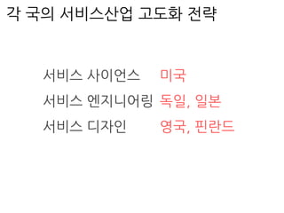 서비스 사이언스
서비스 엔지니어링
서비스 디자인
각 국의 서비스산업 고도화 전략
미국
독일, 일본
영국, 핀란드
 