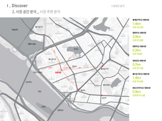 시장공간분석Ⅰ. Discover
2. 시장 공간분석 _ 시장주변 분석
월드컵구장
하늘공원
평화의공원
한강
선유도
합정역
홍대입구역
성미산
홍대입구역>>> 망원시장
1.4km
도보약27분
홍익대학교
상수역
망원역
한강고수부지
성산대교
양화대교
망원시장
월드컵시장
합정역>>> 망원시장
0.9km
도보약18분
망원역>>> 망원시장
0.3km
도보약6분
성미산>>>망원시장
0.7km
도보약13분
월드컵구장>>> 망원시장
1.4km
도보약24분
한강고수부지>>> 망원시장
0.9km
도보로약15분
 