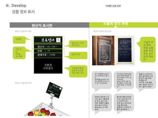 Ⅲ. Develop 자세한상점정보
상품 정보 표시
원산지 표시판
오늘의 상인 추천
판
그날의 추
천 품목,
제철 상품
등을 추천
하는 상인
추천 메뉴
판.
잠시 따뜻했던 날씨가
다시 추워진다고 합니
다.
면역력을 높여주는 핵
산이 풍부한 꼬막 드시
고 감기 조심하세요
아직 꽃이 피려면 멀었
는데 따뜻한 햇살은 자
꾸만 야외로 나가고 싶
게 하네요
집에서 ‘우엉’ 넣은 김
밥 만들어 드시며 소풍
기분 내보는 건 어떠세
요?
연말과 신년이라고
잦은 술자리에 지친
당신의 간을 위해
추천합니다.
‘더덕’은 노화 예방
에도 효능이 있다고
하니 많이 드세요~
추워진 날씨에 나가
기도 싫고 이불속에
만 있고 싶으시죠~
이번 주말엔 이불속
에서 귤 드시며 만
화책 보는 건 어떠
세요?
즐거운 명절 보내셨
나요? 남은 음식 처
치 곤란이시죠?
두부 넣고 만두두부
전골 해드세요~
칼칼하고 뜨끈한 국
물이 끝내줘요~!
예시안-상품표시원칙
기본항목 밑에
상인의 간단한
추천 멘트 추가
친환경
브로컬리
원산지는 지역
까지 표시
기본 단
위,
100g,
개, 묶음
판매 가격
상품명
예시안-오늘의상인추천
예시안-진열대부착예
 