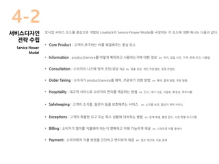 요식업 서비스 요소를 중심으로 개발된 Lovelock의 Service Flower Model을 구성하는 각 요소에 대한 예시는 다음과 같다.
• Core Product : 고객이 추구하는 바를 해결해주는 중심 요소
• Information : product/service를 어떻게 획득하고 사용하는지에 대한 정보 ex. 위치, 영업 시간, 가격, 판매 조건, 사용법
• Consultation : 소비자의 니즈에 맞게 조언/상담 제공 ex. 맞춤 상담, 개인 카운셀링, 경영 컨설팅
• Order Taking : 소비자가 product/service를 예약, 주문하기 위한 방법 ex. 예약, 결제 방법, 주문 방법
• Hospitality : 대고객 서비스로 소비자의 편의를 제공하는 방법 ex. 인사, 대기 시설, 식음료, 화장실, 파우더룸
• Safekeeping : 고객의 소지품, 동반자 등을 보호해주는 서비스 ex. 소지품 보관, 동반자 케어 서비스
• Exceptions : 고객의 특별한 요구 또는 특수 상황에 대처하는 방법 ex. 문제 해결, 불만 접수, 사전 특별 요구사항
• Billing : 소비자가 얼마를 지불해야 하는지 명확하고 이해 가능하게 제공 ex. 스마트폰 어플 명세서
• Payment : 소비자에게 지불 방법을 간단하고 편리하게 제공 ex. 셀프 계산대, 자동 결제
Service Flower
Model
4-2
서비스디자인
전략 수립
 
