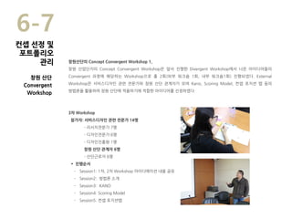 창원산단의 Concept Convergent Workshop 1.
창원 산업단지의 Concept Convergent Workshop은 앞서 진행한 Divergent Workshop에서 나온 아이디어들의
Convergent 과정에 해당하는 Workshop으로 총 2회(외부 워크숍 1회, 내부 워크숍1회) 진행되었다. External
Workshop은 서비스디자인 관련 전문가와 창원 산단 관계자가 모여 Kano, Scoring Model, 컨셉 포지션 맵 등의
방법론을 활용하여 창원 산단에 적용하기에 적합한 아이디어를 선정하였다.
3차 Workshop
참가자: 서비스디자인 관련 전문가 14명
- 리서치전문가 7명
- 디자인전문가 6명
- 디자인진흥원 1명
창원 산단 관계자 6명
- 산단근로자 6명
 진행순서
- Session1: 1차, 2차 Workshop 아이디에이션 내용 공유
- Session2: 방법론 소개
- Session3: KANO
- Session4: Scoring Model
- Session5: 컨셉 포지션맵
6-7
창원 산단
Convergent
Workshop
컨셉 선정 및
포트폴리오
관리
 