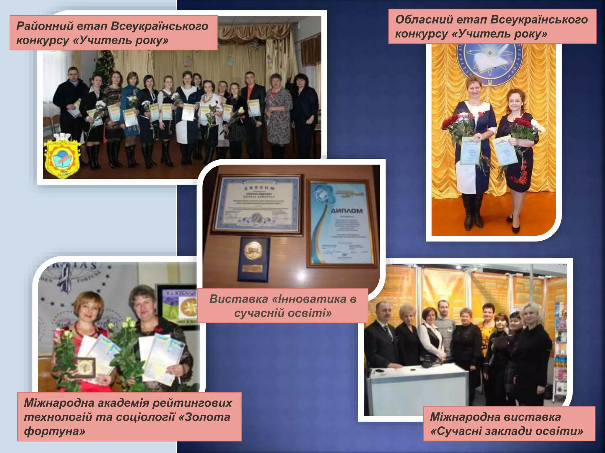 Міжнародна академія рейтингових
технологій та соціології «Золота
фортуна»
Міжнародна виставка
«Сучасні заклади освіти»
Обласний етап Всеукраїнського
конкурсу «Учитель року»
Районний етап Всеукраїнського
конкурсу «Учитель року»
Виставка «Інноватика в
сучасній освіті»
 