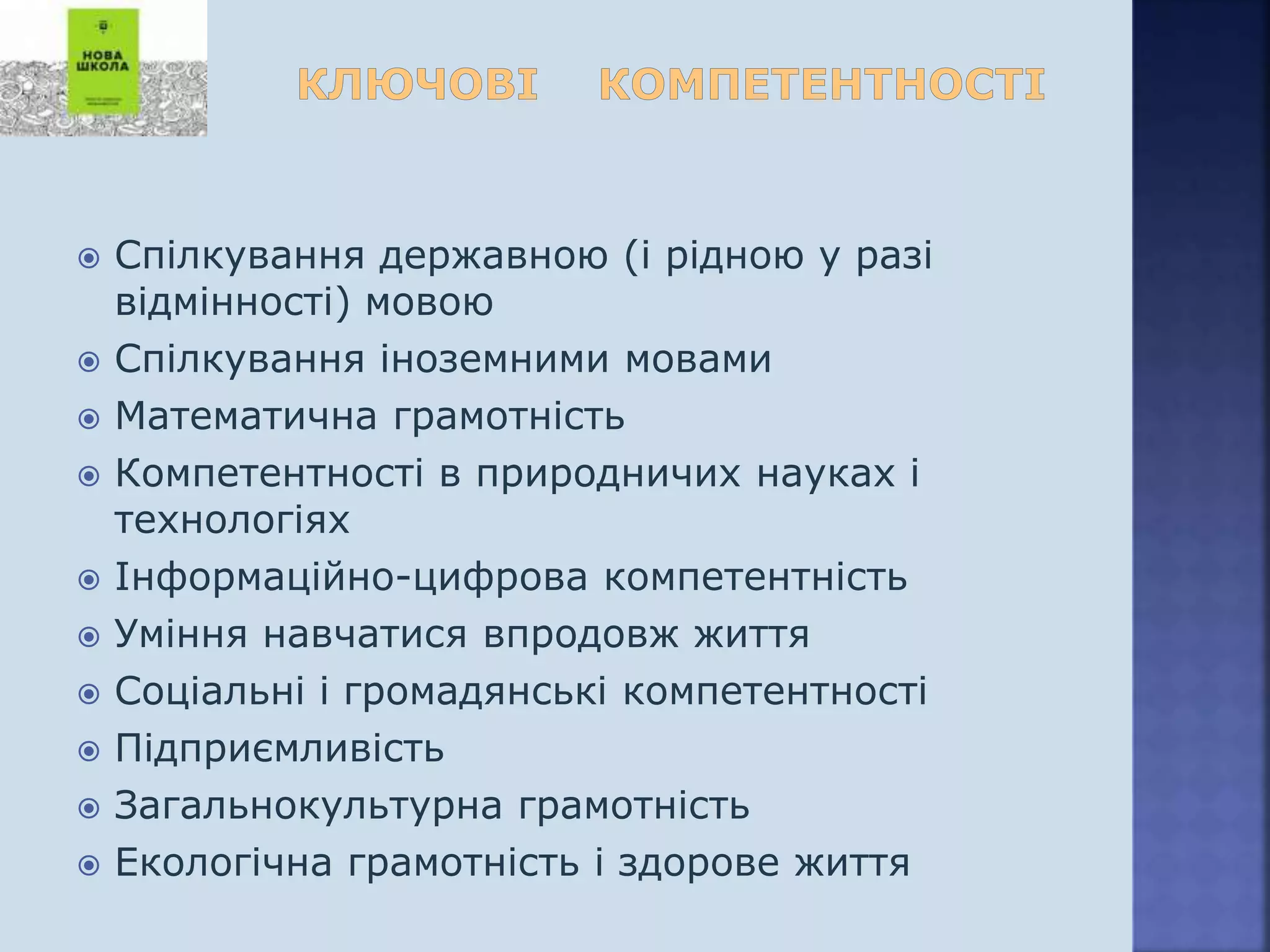 Спілкування державною (і рідною у разі
відмінності) мовою
 Спілкування іноземними мовами
 Математична грамотність
 Компетентності в природничих науках і
технологіях
 Інформаційно-цифрова компетентність
 Уміння навчатися впродовж життя
 Соціальні і громадянські компетентності
 Підприємливість
 Загальнокультурна грамотність
 Екологічна грамотність і здорове життя
 