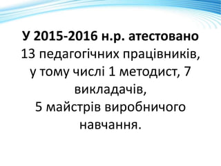 У 2015-2016 н.р. атестовано
13 педагогічних працівників,
у тому числі 1 методист, 7
викладачів,
5 майстрів виробничого
навчання.
 