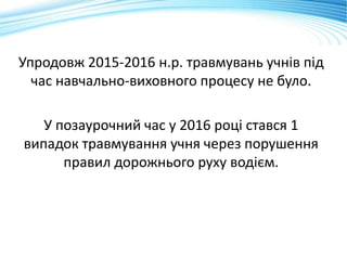 Упродовж 2015-2016 н.р. травмувань учнів під
час навчально-виховного процесу не було.
У позаурочний час у 2016 році стався 1
випадок травмування учня через порушення
правил дорожнього руху водієм.
 