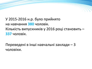 У 2015-2016 н.р. було прийнято
на навчання 380 чоловік.
Кількість випускників у 2016 році становить –
337 чоловік.
Переведені в інші навчальні заклади – 3
чоловіки.
 