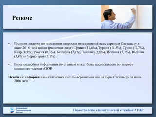 Подготовлено аналитической службой АТОР
Резюме
• В список лидеров по поисковым запросам пользователей всех сервисов Слетать.ру в
июле 2016 года вошли (рыночная доля): Греция (11,8%), Турция (11,5%). Тунис (10,7%),
Кипр (8,5%), Россия (8,3%), Болгария (7,1%), Таиланд (6,8%), Испания (5,7%), Вьетнам
(3,6%) и Черногория (3,1%).
• Более подробная информация по странам может быть предоставлена по запросу
компаниям-членам АТОР.
Источник информации – статистика системы сравнения цен на туры Слетать.ру за июль
2016 года.
 