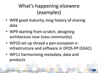 What’s happening elsewere
(examples)
• WP8 good maturity, long history of sharing
data
• WP9 starting from scratch, designing
architecture now (new community)
• WP10 set up shraed a pan-european e-
infrastructure and software in EPOS-PP (GSAC)
• WP11 harmonising metadata, data and
products
 