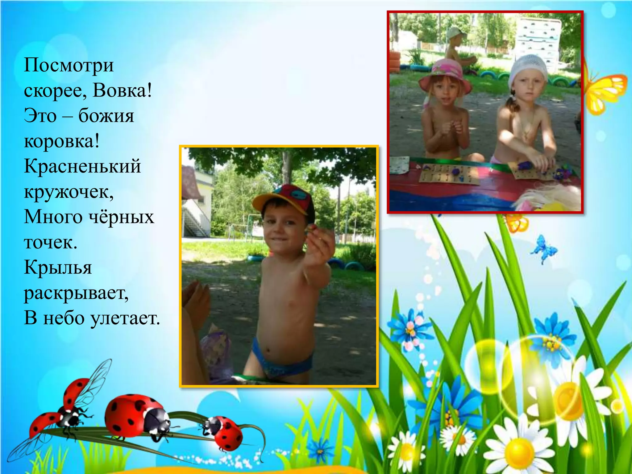 Посмотри
скорее, Вовка!
Это – божия
коровка!
Красненький
кружочек,
Много чёрных
точек.
Крылья
раскрывает,
В небо улетает.
 