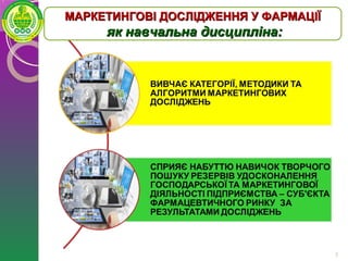 МАРКЕТИНГОВІ ДОСЛІДЖЕННЯ У ФАРМАЦІЇМАРКЕТИНГОВІ ДОСЛІДЖЕННЯ У ФАРМАЦІЇ
як навчальна дисципліна:як навчальна дисципліна:
3
 
