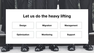 Let us do the heavy lifting
Design Migration Management
Optimization Monitoring Support
 