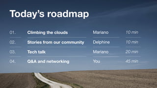 Today’s roadmap
Climbing the clouds
Stories from our community
Tech talk
Q&A and networking
01.
02.
03.
04.
Mariano
Delphine
Mariano
You
10 min
10 min
20 min
45 min
 