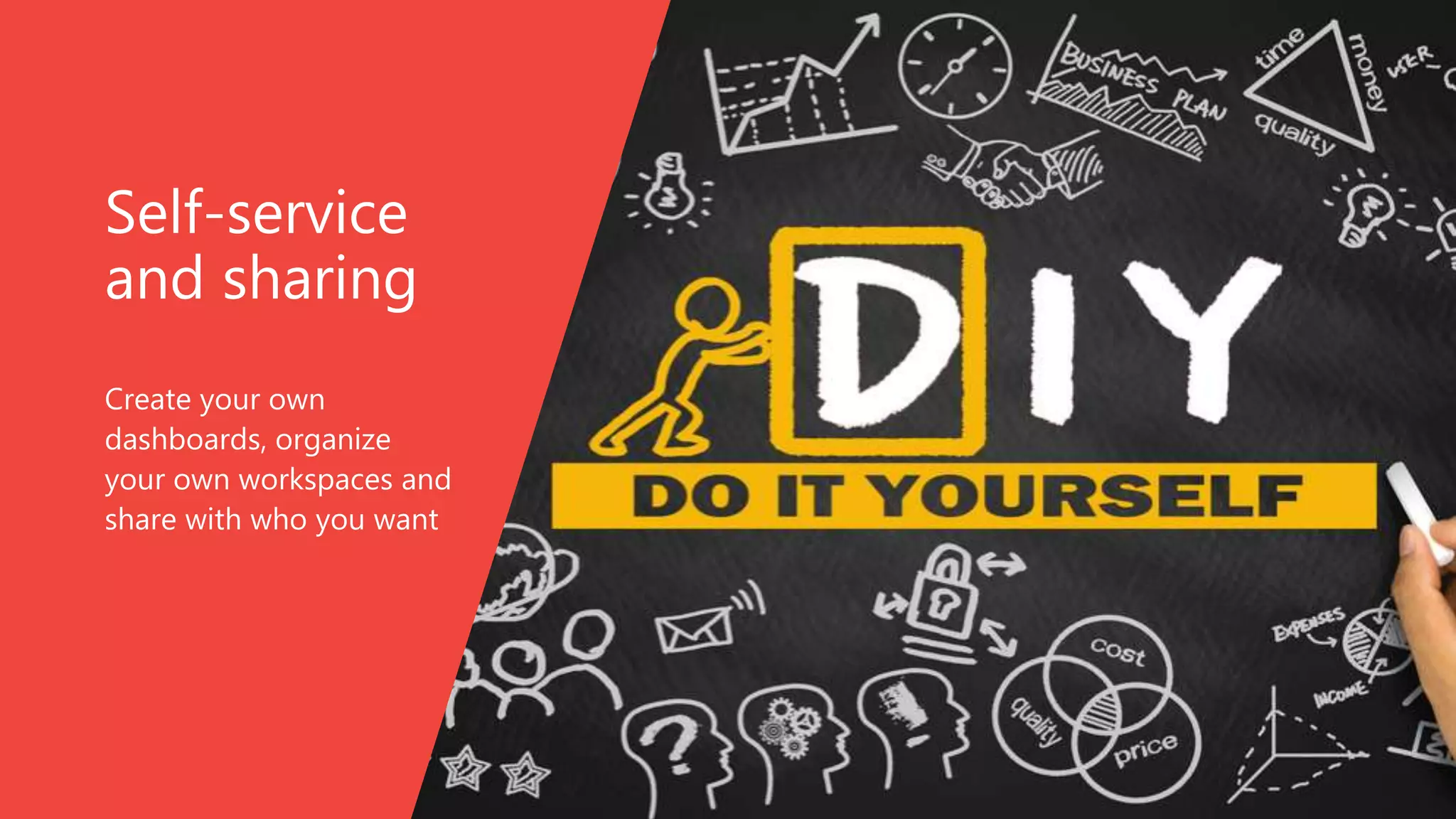 Self-service
and sharing
Create your own
dashboards, organize
your own workspaces and
share with who you want