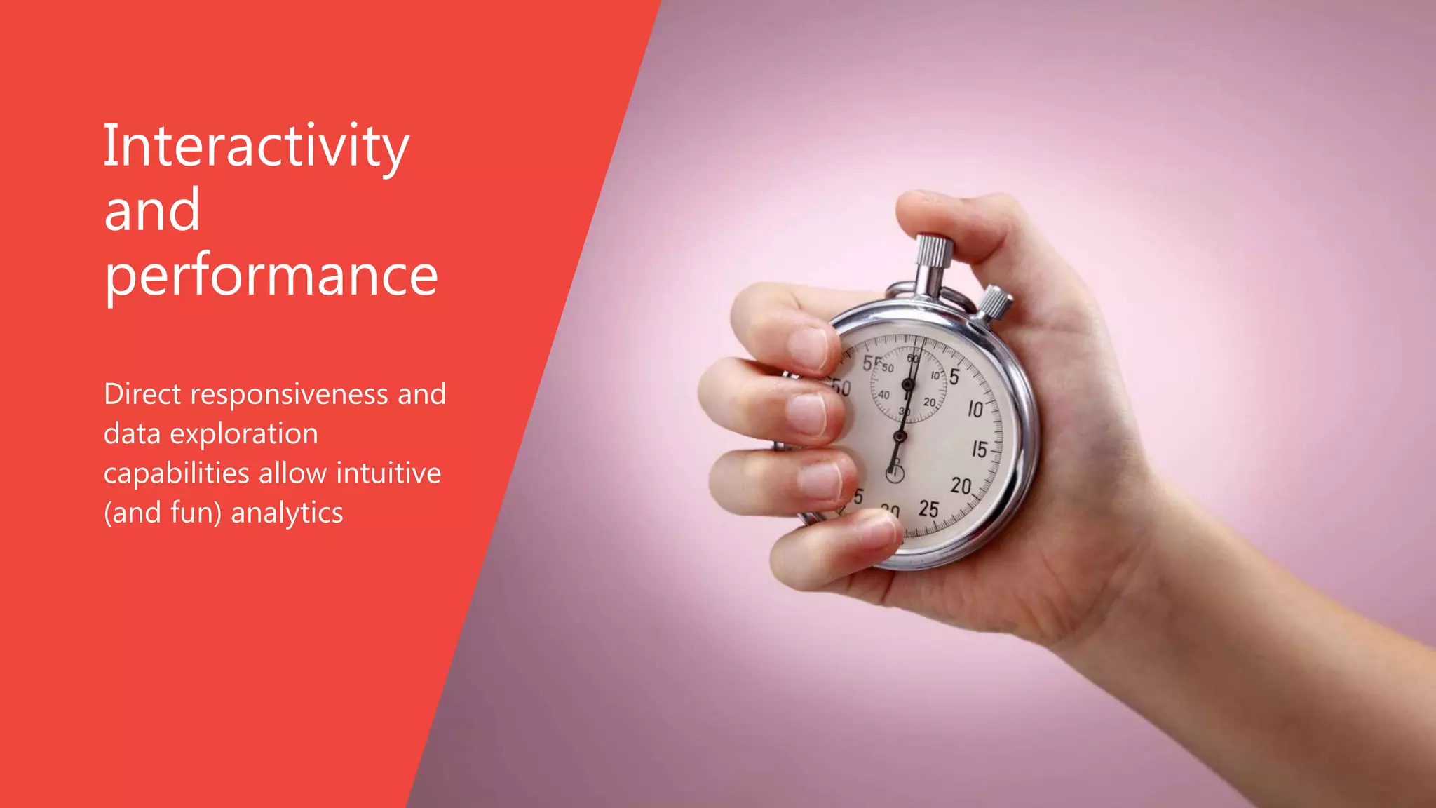 Interactivity
and
performance
Direct responsiveness and
data exploration
capabilities allow intuitive
(and fun) analytics