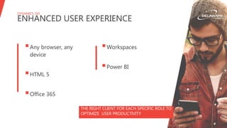 DYNAMICS 365
ENHANCED USER EXPERIENCE
THE RIGHT CLIENT FOR EACH SPECIFIC ROLE TO
OPTIMIZE USER PRODUCTIVITY
Any browser, any
device
HTML 5
Office 365
Workspaces
Power BI
 