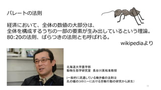 13
パレートの法則
経済において、全体の数値の大部分は、
全体を構成するうちの一部の要素が生み出しているという理論。
80:20の法則、ばらつきの法則とも呼ばれる。
wikipediaより
北海道大学農学部
動物生態学研究室 長谷川英祐准教授
(一般的に流通している働き蟻の法則は
氏の蟻のコロニーにおける労働行動の研究から派生）
 
