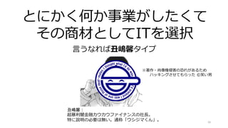 20
とにかく何か事業がしたくて
その商材としてITを選択
言うなれば丑嶋馨タイプ
丑嶋馨：
超暴利闇金融カウカウファイナンスの社長。
特に説明の必要は無い。通称「ウシジマくん」。
※著作・肖像権侵害の恐れがあるため
ハッキングさせてもらった ©笑い男
 