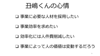 24
丑嶋くんの心情
❑ 事業に必要な人材を採用したい
❑ 事業効率を求めたい
❑ 効率化には人件費削減したい
❑ 事業によって人の価値は変動するだろう
 