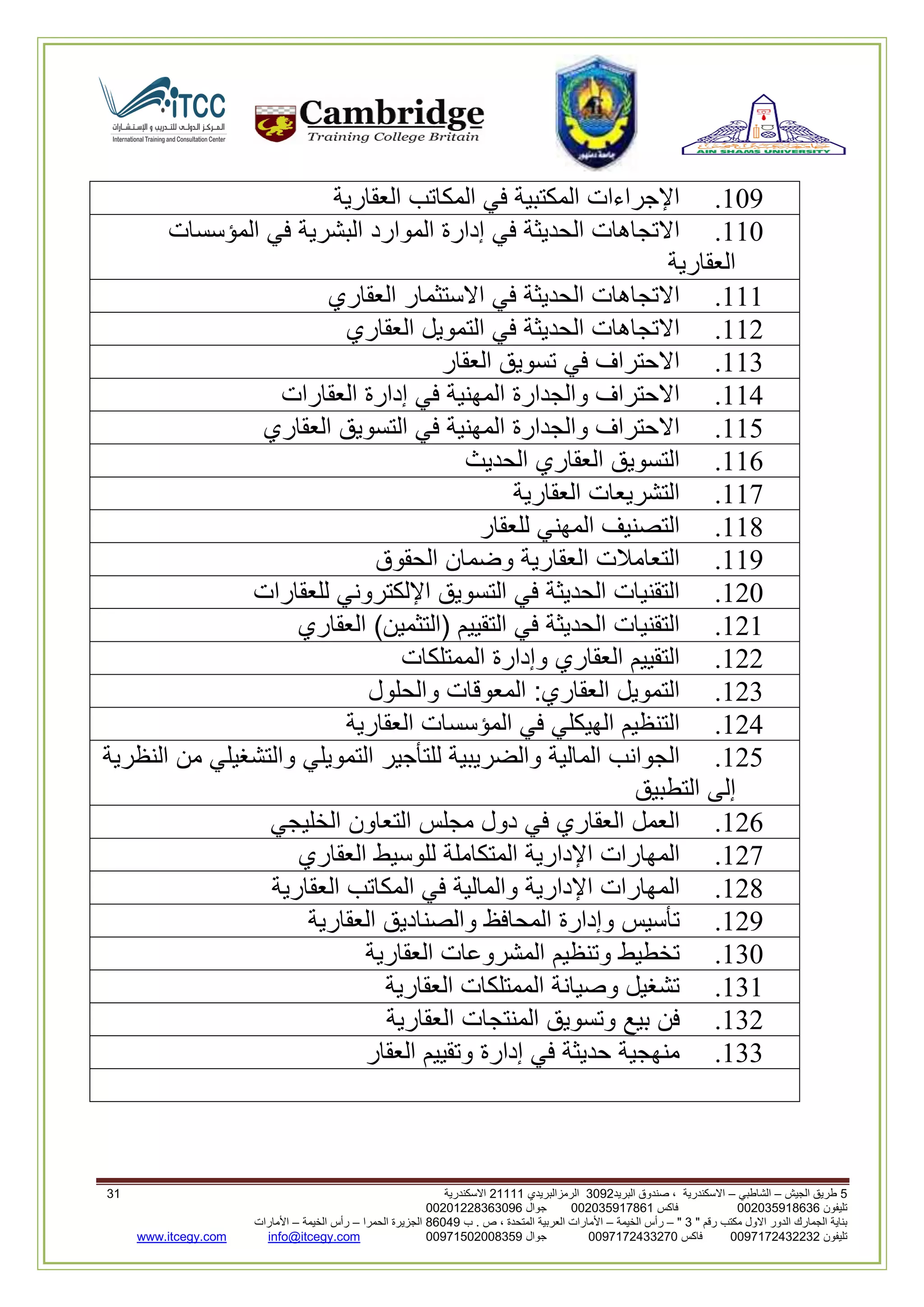 5‫الجيش‬ ‫طريق‬–‫الشاطبي‬–‫البريد‬ ‫صندوق‬ ، ‫االسكندرية‬2903‫الرمزالبريدي‬32222‫االسكندرية‬22
‫تليفون‬993925020020‫فاكس‬993925020002‫جوال‬99392330202900
" ‫رقم‬ ‫مكتب‬ ‫االول‬ ‫الدور‬ ‫الجمارك‬ ‫بناية‬2"–‫الخيمة‬ ‫رأس‬–‫ب‬ . ‫ص‬ ، ‫المتحدة‬ ‫العربية‬ ‫األمارات‬00960‫الحمرا‬ ‫الجزيرة‬–‫الخيمة‬ ‫رأس‬–‫األمارات‬
‫تليفون‬0020362332399‫فاكس‬9900203622309‫جوال‬99002593990250info@itcegy.comwww.itcegy.com
209.‫اإلجراءات‬‫المكتبية‬‫في‬‫المكاتب‬‫العقارية‬
220.‫االتجاهات‬‫الحديثة‬‫في‬‫إدارة‬‫الموارد‬‫البشرية‬‫في‬‫المؤسسات‬
‫العقارية‬
222.‫االتجاهات‬‫الحديثة‬‫في‬‫االستثمار‬‫العقاري‬
226.‫االتجاهات‬‫الحديثة‬‫في‬‫التمويل‬‫العقاري‬
223.‫االحتراف‬‫في‬‫تسويق‬‫العقار‬
224.‫االحتراف‬‫والجدارة‬‫المهنية‬‫في‬‫إدارة‬‫العقارات‬
221.‫االحتراف‬‫والجدارة‬‫المهني‬‫ة‬‫في‬‫التسويق‬‫العقاري‬
222.‫التسويق‬‫العقاري‬‫الحديث‬
227.‫التشريعات‬‫العقارية‬
228.‫التصنيف‬‫المهني‬‫للعقار‬
229.‫التعامالت‬‫العقارية‬‫وضمان‬‫الحقوق‬
260.‫التقنيات‬‫الحديثة‬‫في‬‫التسويق‬‫اإللكتروني‬‫للعقارات‬
262.‫التقنيات‬‫الحديثة‬‫في‬‫التقييم‬(‫التثمين‬)‫العقاري‬
266.‫التقييم‬‫العقاري‬‫وإدارة‬‫الممتلكات‬
263.‫التم‬‫ويل‬‫العقاري‬:‫المعوقات‬‫والحلول‬
264.‫التنظيم‬‫الهيكلي‬‫في‬‫المؤسسات‬‫العقارية‬
261.‫الجوانب‬‫المالية‬‫والضريبية‬‫للتأجير‬‫التمويلي‬‫والتشغيلي‬‫من‬‫النظرية‬
‫إلى‬‫التطبيق‬
262.‫العمل‬‫العقاري‬‫في‬‫دول‬‫مجلس‬‫التعاون‬‫الخليجي‬
267.‫المهارات‬‫اإلدارية‬‫المتكاملة‬‫للوسيط‬‫العقاري‬
268.‫المهارات‬‫اإلدارية‬‫والما‬‫لية‬‫في‬‫المكاتب‬‫العقارية‬
269.‫تأسيس‬‫وإدارة‬‫المحافظ‬‫والصناديق‬‫العقارية‬
230.‫تخطيط‬‫وتنظيم‬‫المشروعات‬‫العقارية‬
232.‫تشغيل‬‫وصيانة‬‫الممتلكات‬‫العقارية‬
236.‫فن‬‫بيع‬‫وتسويق‬‫المنتجات‬‫العقارية‬
233.‫منهجية‬‫حديثة‬‫في‬‫إدارة‬‫وتقييم‬‫العقار‬
 