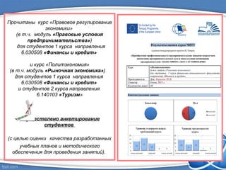 Прочитаны курс «Правовое регулирование
экономики»
(в т.ч. модуль «Правовые условия
предпринимательства»)
для студентов 1 курса направления
6.030508 «Финансы и кредит»
и курс «Политэкономия»
(в т.ч. модуль «Рыночная экономика»)
для студентов 1 курса направления
6.030508 «Финансы и кредит»
и студентов 2 курса направления
6.140103 «Туризм»
Осуществлено анкетирование
студентов
(с целью оценки качества разработанных
учебных планов и методического
обеспечения для проведения занятий).
 
