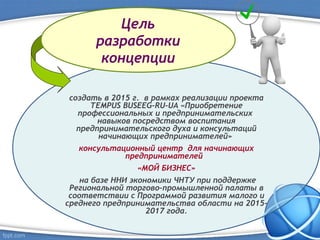 создать в 2015 г. в рамках реализации проекта
TEMPUS BUSEEG-RU-UA «Приобретение
профессиональных и предпринимательских
навыков посредством воспитания
предпринимательского духа и консультаций
начинающих предпринимателей»
консультационный центр для начинающих
предпринимателей
«МОЙ БИЗНЕС»
на базе ННИ экономики ЧНТУ при поддержке
Региональной торгово-промышленной палаты в
соответствии с Программой развития малого и
среднего предпринимательства области на 2015-
2017 года.
Цель
разработки
концепции
 