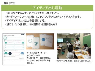 ・1班につき4~6人で、アイディアを出し合っていく。
・カード・ワークシートを用いて、1つにつき5~10分でアイディアを出す。
・アイディアは2つ以上を目標にする。
・班ごとに1つ発表し、IBM講師から講評をもらう
アイディア出し活動
演習 (20分)
↑「モノ」「出力」カード
←ワークシート
さらにセンサー表を使用し、
IoTサービスのアイディアを
考える。
↑アイディアを発表し、講師から講評をもらう。
 
