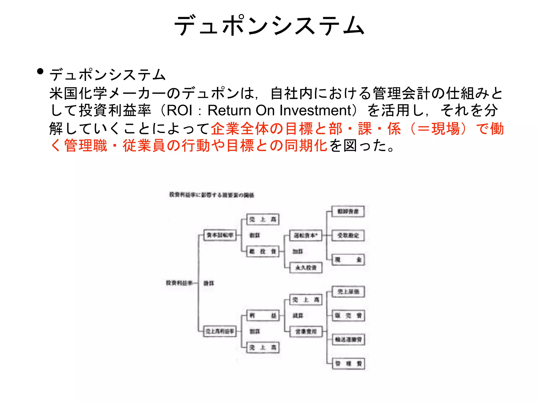 • デュポンシステム
米国化学メーカーのデュポンは，自社内における管理会計の仕組みと
して投資利益率（ROI：Return On Investment）を活用し，それを分
解していくことによって企業全体の目標と部・課・係（＝現場）で働
く管理職・従業員の行動や目標との同期化を図った。
デュポンシステム
 