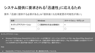 システム提供に要求される「迅速性」に応えるため
要件：「迅速に提供する必要がある」＆「提供後にも仕様変更の可能性が高い」
技術 Windows スマートフォン／タブレット
ネイティブアプリケーション ◯（更新時の方法は要検討） ×
Web ◯ ◯
ネイティブアプリケーション
● WindowsではWindows Store以外からでもインストールは可能だが、スマートフォンやタブレットでは、App StoreやPlay Storeからの
みインストール可能であり、ストアには審査があるため、迅速な提供や変更は期待できない。Play Storeは厳密には任意のアプリケー
ションを利用するように設定可能であるが、セキュリティを考慮すると、推奨できない。
Web
● WebはURLにアクセスしてもらえさえすれば、常に最新版を利用してもらえる。
 