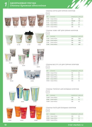 10 trial-market.ru
1
trial-market.ru
ОДНОРАЗОВАЯ ПОСУДА
Стаканы бумажные однослойные
СТАКАНЫ "КОФЕ-ЧАЙ" ДЛЯ ГОРЯЧИХ НАПИТКОВ
код описание емкость, мл. упак. шт
31 559 Стакан d=73 мм 205 2070
31 560 Стакан d=80 мм 250 1610
31 561 Стакан d=90 мм 300 1092
31 562 Стакан d=90 мм 400 928
CAR
31 559 31 560 31 561 31 562
СТАКАНЫ COFFEE ДЛЯ ГОРЯЧИХ НАПИТКОВ
код описание емкость, мл. упак. шт
17 853 Стакан d=62 мм 100 100
20 415 Стакан d=73 мм 185/205 100
16 120 Стакан d=80 мм 250 50
22 976 Стакан d=90 мм 300 50
22 573 Стакан d=90 мм 400 50
CAR
17 853 20 415 22 97616 120 22 573
СТАКАНЫ BIG CITY LIFE ДЛЯ ГОРЯЧИХ НАПИТКОВ
код описание емкость, мл. упак. шт
32 605 Стакан d=70 мм 170 80
29 259 Стакан d=73 мм 195 80
26 842 Стакан d=80 мм 250 50
26 841 Стакан d=90 мм 300 50
26 843 Стакан d=90 мм 400 5032 60529 259
26 842
26 843
26 841
CAR
СТАКАНЫ "ПОЛОСКИ" ДЛЯ ХОЛОДНЫХ НАПИТКОВ
код описание емкость, мл. упак. шт
30 898 Стакан d=90 мм 300 50
30 861 Стакан d=90 мм 400 50
30 899 Стакан d=90 мм 500 5030 898 30 861 30 899
CAR
28 622 29 89928 622
СТАКАНЫ FIESTA ДЛЯ ХОЛОДНЫХ НАПИТКОВ
код описание емкость, мл. упак. шт
28 622 Стакан d=90 мм 300 50
28 586 Стакан d=90 мм 400 50
29 899 Стакан d=90 мм 500 50
CAR
 