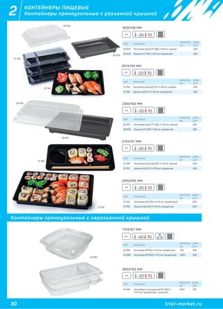 30 trial-market.ru
2 КОНТЕЙНЕРЫ ПИЩЕВЫЕ
Контейнеры прямоугольные с разъемной крышкой
код описание
емкость,
мл.
упак.
шт
28 403 Контейнер (дно) СП-19Д, h=25 мм, черный 420
28 402 Крышка СП-19К, h=30 мм, прозрачная - 420
код описание
емкость,
мл.
упак.
шт
31 194 Контейнер (дно) КД-011, h=36 мм, черный - 540
31 195 Крышка КД-011, h=40 мм, прозрачная - 540
код описание
емкость,
мл.
упак.
шт
28 401 Контейнер (дно) СП-25Д, h=25 мм, черный 220
28 400 Крышка СП-25К, h=30 мм, прозрачная - 220
код описание
емкость,
мл.
упак.
шт
31 189 Контейнер (дно) КД-001, h=43 мм, черный - 400
31 191 Крышка КД-001, h=33 мм, прозрачная - 400
код описание
емкость,
мл.
упак.
шт
31 192 Контейнер КД-004, h=43 мм, черный (дно) - 200
31 193 Крышка КД-004, h=43 мм, прозрачная - 200
код описание
емкость,
мл.
упак.
шт
25 991 Контейнер SP750, h=55 мм, прозрачный 750 300
25 990 Контейнер SP1000, h=70 мм, прозрачный 1000 300
код описание
емкость,
мл.
упак.
шт
15 445 Контейнер 3-секционный РК-25С4,
h=57 мм, прозрачный, с крышкой
2140 120
28 403
25 991
31 194
28 400
28 401
31 189
31 192
31 889
31 195
28 402
265X193 ММ
172X167 ММ
183X128 ММ
201X125 ММ
235X162 ММ
275X121 ММ
295X205 ММ
PS
PS
PS
PS
PS
PS
-20 70
-20 70
-20 70
-20 70
-20 70
-20 70
-40 70PET
Контейнеры прямоугольные с неразъемной крышкой
 