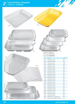 46 trial-market.ru
2 КОНТЕЙНЕРЫ ПИЩЕВЫЕ
Лотки и поддоны
ЛОТКИ И ПОДДОНЫ
код описание упак. шт
7 920 135х135х10 мм, белый 630
15 944 135х135х20 мм, белый 630
16 158 175х85х10 мм, белый 1000
16 410 175х85х20 мм, белый 900
15 420 178х135х10 мм, белый 500
15 384 178х135х20 мм, белый 300
16 407 178х135х30 мм, белый 300
13 871 180х135х10 мм, белый 450
6 764 180х135х25 мм, белый 300
10 654 210х155х30 мм, белый 250
32 452 220х130х35 мм, белый 200
14 102 225х100х15 мм, белый 560
17 476 225х100х25 мм, белый 480
18 268 225х135х10 мм, белый 450
6 760 225х135х10 мм, белый 600
15 346 225х135х20 мм, белый 300
6 761 225х135х20 мм, белый 300
16 181 225х135х30 мм, белый 250
24 430 225х135х30 мм, желтый 250
24 681 225х135х30 мм, белый 300
24 682 225х135х40 мм, белый 250
3 968 250х175х35 мм, белый 240
7 507 270х135х15 мм, белый 350
8 482 220х160х35 мм, под курицу, белый 350
16 456 Салфетка влаговпитывающая, 80х120 мм 400
EPS -25 100
15 346
24 430
16 1587 5077 507
15 346
24 430
3 968
8 482
16 456
 
