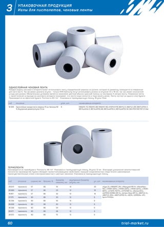 60 trial-market.ru
3 УПАКОВОЧНАЯ ПРОДУКЦИЯ
Иглы для пистолетов, чековые ленты
ОДНОСЛОЙНАЯ ЧЕКОВАЯ ЛЕНТА
Каждая модель кассового аппарата может использовать ленту определенной ширины и в ролике, который по диаметру помещается в отведенное
для него место. Так же важен диаметр втулки - только ККМ Samsung могут использовать ролики со втулкой 12 и 18 мм, так как имеют конический
штырь для ролика. Обязательным условием является нанесение цветной (обычно красной) полосы на последних 5 метрах ленты. Появление ленты
с такой полосой на выходе из кассового аппарата показывает, что лента скоро кончится и пора менять ролик. Лента состоит из одного слоя бумаги.
Производится из офсетной бумаги. Плотность 65 г/м2
. Упакована в термоусадочную пленку. Втулка 12мм.
ТЕРМОЛЕНТА
Производится из термобумаги. Плотность 48 г/м2
. Упакована в термоусадочную пленку. Втулка 12 мм. Благодаря уникальной запатентованной
технологии производства, бумага обладает пылеотталкивающими свойствами, хорошей сохраняемостью следа печати, равномерным
термочувствительным слоем и восприимчивостью к цветным чернилам. Упакована в термоусадочную пленку
код описание упак., шт наименование аппарата
16 939 Однослойная чековая лента. Ширина 75 мм. Белизна 92
%. Внутренний диаметр втулки 12 мм
9 МЕБИУС-7К, МЕБИУС 8Ф, МЕБИУС 9Ф, СПАРК 617Ф, BEETLE-K, BEETLE-20K, BEETLEPOS-K,
IBM SureOne-K, IBM SurePOS-BK, IBM SurePOS-K, IBM SurePOS-SK, GEG POS МАСТЕР ,M-Star
код описание ширина, мм белизна, %
диаметр
намотки, мм
внутренний диаметр
втулки, мм
уп., шт наименование аппарата
29 670 термолента 57 86 19 12 20 «Аура-2», «МЕБИУС-2К», «Меркурий MS-K», «МиниМакс-
МК», «ПРИМ-08ТК», «ПРИМ-09ТК», «ПРИМ-60ТК», «ПРИМ-
88ТК», «CПАРК-700ТК», «СП101ФР-К», «Феликс3СК»,
«ШТРИХ-КОМБО-ФР-К», «Штрих-Мини ФР-К», «BEETLE-K»,
«BEETLE-20K», «BEETLEPOS-K», «NCR», «OMRON», «PO-
Sprint FP410K»
28 969 термолента 57 86 23 12 16
19 851 термолента 57 86 32 12 16
31 575 термолента 80 86 30 12 6
30 256 термолента 80 86 45 12 6
26 628 термолента 80 86 50 12 6
30 258 термолента 80 86 53 12 6
28 971 термолента 80 86 58 12 6
28 972 термолента 80 86 70 12 6
 