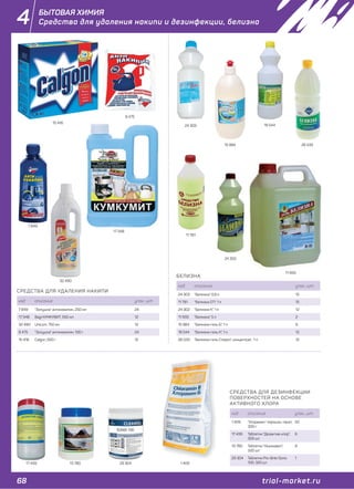 68 trial-market.ru
4
СРЕДСТВА ДЛЯ УДАЛЕНИЯ НАКИПИ
код описание упак., шт.
7 849 "Золушка" антинакипин, 250 мл 24
17 348 Bagi КУМКУВИТ, 550 мл 12
32 490 Unicum, 750 мл 12
8 475 "Золушка" антинакипин, 100 г 24
15 416 Calgon, 550 г 12
БЕЛИЗНА
код описание упак., шт.
24 303 "Белизна", 0,9 л 15
11 781 "Белизна СП", 1 л 15
24 302 "Белизна К", 1 л 12
11 933 "Белизна", 5 л 2
15 984 "Белизна-гель Б", 1 л 6
19 544 "Белизна-гель К", 1 л 12
26 533 "Белизна-гель Стерил", концентрат, 1 л 12
СРЕДСТВА ДЛЯ ДЕЗИНФЕКЦИИ
ПОВЕРХНОСТЕЙ НА ОСНОВЕ
АКТИВНОГО ХЛОРА
код описание упак., шт.
1 409 "Хлорамин" порошок, пакет,
300 г
50
17 439 Таблетки "Дезактив-хлор",
300 шт.
6
13 780 Таблетки "Ньюжавел",
320 шт.
8
29 304 Таблетки Pro-Brite Sonix
100, 320 шт.
1
17 348
7 849
15 416
8 475
11 933
24 302
19 544
26 533
11 781
24 303
1 40917 439 13 780 29 304
32 490
15 984
БЫТОВАЯ ХИМИЯ
Средства для удаления накипи и дезинфекции, белизна
 