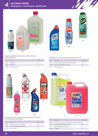 70 trial-market.ru
4
22 965
УНИВЕРСАЛЬНЫЕ ЧИСТЯЩИЕ КРЕМЫ И ГЕЛИ
ГЕЛЕОБРАЗНЫЕ СРЕДСТВА ДЛЯ МЫТЬЯ И ЧИСТКИ
САНТЕХНИКИ БЕЗ ХЛОРА
код описание упак., шт.
16 221 Cif Cream Active, отдушки в ассортименте, 500 мл 16
29 438 Sanita крем "УЛЬТРА БЛЕСК", 600 мл 12
1 557 Comet гель, 500 мл 12
код описание упак., шт.
22 965 WC Золушка (смесь кислот), 750 мл 12
11 016 Санокс (щавелевая кислота), 750 мл 15
29 433 "Чистин", 750 мл 14
11 016 29 433 29 423
20 917
20 365
16 221
29 438
1 557
СРЕДСТВА ДЛЯ САНИТАРНОЙ ОБРАБОТКИ И
ДЕЗИНФЕКЦИИ
код описание упак., шт.
12 514 "Самаровка", 1 л 12
11 834 "Ника-2", 5 л 4
11 835 "Ника Экстра-М", 5 л 4
12 514
11 835
код описание упак., шт.
29 423 SanforActiv антиржавчина, смесь кислот+щавелевая, 700 мл 15
20 917 Адрилан (фруктовые кислоты), 500 мл 25
7 255 Адрилан (фруктовые кислоты), 5 л 3
20 365 WC Sifon, 5 л 4
7 255
11 834
БЫТОВАЯ ХИМИЯ
Моющие и чистящие средства
 