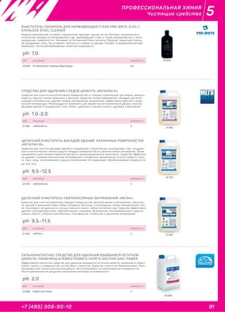 91+7 (495) 308-90-10
5ПРОФЕССИОНАЛЬНАЯ ХИМИЯ
Чистящие средства
29 005
ОЧИСТИТЕЛЬ-ПОЛИРОЛЬ ДЛЯ НЕРЖАВЕЮЩЕЙ СТАЛИ PRO-BRITE OLEX-1
STAINLESS STEEL CLEANER
Жидкий нейтральный готовый к применению препарат против лёгких бытовых загрязнений и
отпечатков пальцев на полированной и др. нержавеющей стали, а также хромированных и нике-
лированных поверхностях. Усиливает естественный блеск металла. Образует защитную плёнку.
Не раздражает кожу. Не оставляет липкости и следов на одежде. Пожаро- и взрывобезопасный.
Замерзает, после размораживания свойства сохраняются.
код описание емкость, л
29 005 Pro-Brite OLEX-1 Stainless Steel Cleaner 0,5
pH: 7,0
21 493
СРЕДСТВО ДЛЯ УДАЛЕНИЯ СЛЕДОВ ЦЕМЕНТА «МЕГАЛАН К»
Средство для очистки кислотостойких поверхностей от следов строительных растворов, цемента,
извести, водного камня, ржавчины и высолов. Средство концентрированное, обладает высокой
моющей способностью, удаляет любые минеральные загрязнения, эффективно работает в воде
низкой температуры. Рекомендуется применять для общей послестроительной уборки, очистки
фасадов зданий и сооружений, стен, полов, туалетных и ванных комнат, душевых и бассейнов.
код описание емкость, л
21 493 «МЕГАЛАН К» 5
pH: 1,0-2,0
22 743
ЩЕЛОЧНОЙ ОЧИСТИТЕЛЬ ФАСАДОВ ЗДАНИЙ, РАЗЛИЧНЫХ ПОВЕРХНОСТЕЙ
«МЕГАЛАН Ф»
Средство для очистки фасадов зданий и сооружений, строительных конструкций, стен, натураль-
ных и синтетических полов и других твердых поверхностей из щелочестойких материалов. Также
применяется для отмыва поверхностей авто и железнодорожного транспорта. Средство эффектив-
но удаляет сложные комплексные атмосферные и почвенные загрязнения, остатки извести, копо-
ть, гарь, сажу, масложировые и другие загрязнения. Не повреждает обрабатываемые поверхности.
pH: 9,5–12,5
код описание емкость, л
22 743 «МЕГАЛАН Ф» 5
pH: 9,5–12,5
21 494
ЩЕЛОЧНОЙ ОЧИСТИТЕЛЬ НЕФТЕМАСЛЯНЫХ ЗАГРЯЗНЕНИЙ «МЕГАН»
Средство для очистки различных твёрдых поверхностей, деталей машин и механизмов, транспор-
та, ручной и машинной мойки любых наливных, бетонных и полимерных полов, керамической плит-
ки, линолеума, натурального и искусственного камня, любых металлов и др. Средство эффективно
удаляет эксплуатационные, нефтемасляные и жировые загрязнения, консервационные и другие
смазки, копоть, сложные комплексные, атмосферные, почвенные и дорожные загрязнения.
код описание емкость, л
21 494 «МЕГАН» 5
pH: 9,5–11,5
33 698
СИЛЬНОКИСЛОТНОЕ СРЕДСТВО ДЛЯ УДАЛЕНИЯ ВЪЕВШИХСЯ ОСТАТКОВ
ЦЕМЕНТА, РЖАВЧИНЫ И ИЗВЕСТКОВОГО НАЛЕТА DOLPHIN SANI-POWER
Эффективное кислотное средство для удаления въевшихся остатков цемента, ржавчины и извест-
кового налета, с поверхностей, устойчивых к кислотам. Средство полностью биоразлагаемо. Реко-
мендовано для послестроительной уборки. Не использовать на эмалированных поверхностях.
После применения не допускать высыхания раствора на поверхности.
код описание емкость, л
33 698 Dolphin Sani-Power 5
pH: 2,0
 