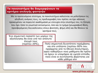 Με το προτεινόμενο σύστημα, τα πανεπιστήμια καλούνται να μελετήσουν τις
αληθινές ανάγκες τους, τις προδιαγραφές που πρέπει να έχει κάποιος
προκειμένου να πορευτεί ακαδημαϊκά με επιτυχία στην επιστήμη του, τη ζήτηση
που έχει τόσο το γνωστικό αντικείμενο, όσο και το τμήμα (γεωγραφική θέση,
προσφερόμενες διευκολύνσεις στους φοιτητές, φήμη κλπ) και θα θέσουν τα
κριτήρια τους.
Τα πανεπιστήμια θα διαμορφώνουν τα
κριτήρια επιλογής φοιτητών
Ένα σημαντικό ποσοστό των μορίων της
αξιολόγησης θα είναι υπό τον απόλυτο
έλεγχό τους
(περίπου 20%), Πολύ σημαντική δυνατότητα παρέμβασης
και στο υπόλοιπο (περίπου 80% που
προέρχεται από το Εθνικό Απολυτήριο),
αφού καθορίζουν ποια μαθήματα θα πρέπει
να έχουν οι υποψήφιοι σε υψηλό επίπεδο,
ποιοι είναι οι συντελεστές βαρύτητας για
κάθε μάθημα κλπ
 