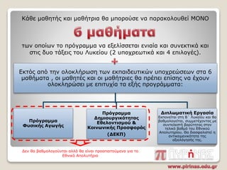 Κάθε μαθητής και μαθήτρια θα μπορούσε να παρακολουθεί ΜΟΝΟ
των οποίων το πρόγραμμα να εξελίσσεται ενιαία και συνεκτικά και
στις δυο τάξεις του Λυκείου (2 υποχρεωτικά και 4 επιλογές).
Εκτός από την ολοκλήρωση των εκπαιδευτικών υποχρεώσεων στα 6
μαθήματα , οι μαθητές και οι μαθήτριες θα πρέπει επίσης να έχουν
ολοκληρώσει με επιτυχία τα εξής προγράμματα:
Πρόγραμμα
Φυσικής Αγωγής
Πρόγραμμα
Δημιουργικότητας
Εθελοντισμού &
Κοινωνικής Προσφοράς
(ΔΕΚΠ)
Διπλωματική Εργασία
Εκπονείται στη Β΄ Λυκείου και θα
βαθμολογείται, συμμετέχοντας με
συντελεστή βαρύτητας στον
τελικό βαθμό του Εθνικού
Απολυτηρίου. Θα διασφαλιστεί η
αντικειμενικότητα της
αξιολόγησής της.
Δεν θα βαθμολογούνται αλλά θα είναι προαπαιτούμενα για το
Εθνικό Απολυτήριο
 