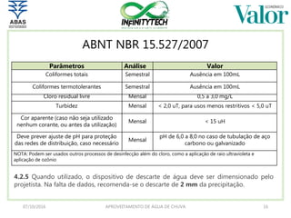 ABNT NBR 15.527/2007
07/10/2016 APROVEITAMENTO DE ÁGUA DE CHUVA 16
Parâmetros Análise Valor
Coliformes totais Semestral Ausência em 100mL
Coliformes termotolerantes Semestral Ausência em 100mL
Cloro residual livre Mensal 0,5 a 3,0 mg/L
Turbidez Mensal < 2,0 uT, para usos menos restritivos < 5,0 uT
Cor aparente (caso não seja utilizado
nenhum corante, ou antes da utilização)
Mensal < 15 uH
Deve prever ajuste de pH para proteção
das redes de distribuição, caso necessário
Mensal
pH de 6,0 a 8,0 no caso de tubulação de aço
carbono ou galvanizado
NOTA: Podem ser usados outros processos de desinfecção além do cloro, como a aplicação de raio ultravioleta e
aplicação de ozônio
4.2.5 Quando utilizado, o dispositivo de descarte de água deve ser dimensionado pelo
projetista. Na falta de dados, recomenda-se o descarte de 2 mm da precipitação.
 