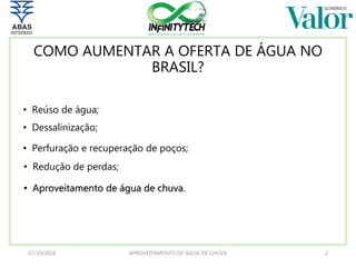 COMO AUMENTAR A OFERTA DE ÁGUA NO
BRASIL?
• Aproveitamento de água de chuva.
07/10/2016 APROVEITAMENTO DE ÁGUA DE CHUVA 2
• Reúso de água;
• Dessalinização;
• Redução de perdas;
• Perfuração e recuperação de poços;
 
