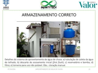 ARMAZENAMENTO CORRETO
07/10/2016 APROVEITAMENTO DE ÁGUA DE CHUVA 21
a b c
d
e
Detalhes do sistema de aproveitamento de água de chuva: a) tubulação de coleta da água
do telhado; b) descarte do escoamento inicial (first flush); c) reservatório e bomba; d)
filtro; e) torneira para uso não potável. Obs.: cloração manual.
 