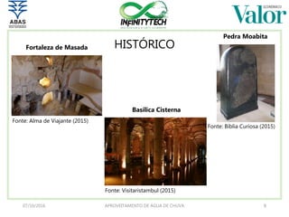 HISTÓRICO
07/10/2016 APROVEITAMENTO DE ÁGUA DE CHUVA 8
Pedra Moabita
Fonte: Alma de Viajante (2015)
Fortaleza de Masada
Fonte: Visitaristambul (2015)
Basílica Cisterna
Fonte: Bíblia Curiosa (2015)
 