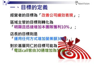 16
經營者的目標為「改善公司績效表現」；
區域主管的目標則轉化為
「明顯且迅速增加本團隊獲利10%」；
店長的目標則是
「運用任何方式增加營業額30%」；
對於基層同仁的目標可能為
「電話call客由30通增加為50通」⊙
一、目標的定義
 