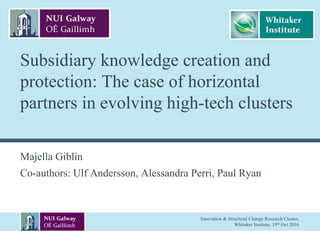 Subsidiary knowledge creation and
protection: The case of horizontal
partners in evolving high-tech clusters
Majella Giblin
Co-authors: Ulf Andersson, Alessandra Perri, Paul Ryan
Innovation & Structural Change Research Cluster,
Whitaker Institute, 19th Oct 2016
 