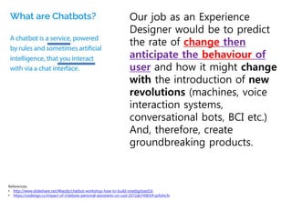 References:
• http://www.slideshare.net/Warply/chatbot-workshop-how-to-build-onedigitized16
• https://uxdesign.cc/impact-o...