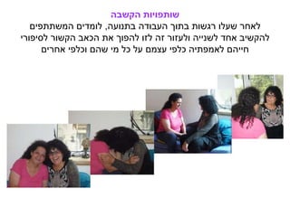 ‫הקשבה‬ ‫שותפויות‬
‫בתנועה‬ ‫העבודה‬ ‫בתוך‬ ‫רגשות‬ ‫שעלו‬ ‫לאחר‬,‫המשתתפים‬ ‫לומדים‬
‫לסיפורי‬ ‫הקשור‬ ‫הכאב‬ ‫את‬ ‫להפוך‬ ‫לזו‬ ‫זה‬ ‫ולעזור‬ ‫לשנייה‬ ‫אחד‬ ‫להקשיב‬
‫אחרים‬ ‫וכלפי‬ ‫שהם‬ ‫מי‬ ‫כל‬ ‫על‬ ‫עצמם‬ ‫כלפי‬ ‫לאמפתיה‬ ‫חייהם‬
 