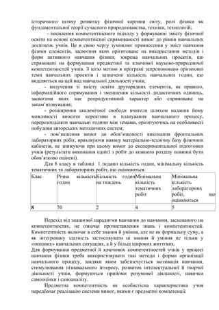 історичного шляху розвитку фізичної картини світу, ролі фізики як
фундаментальної теорії сучасного природознавства, техніки, технологій;
- посилення компетентнісного підходу у формуванні змісту фізичної
освіти на основі компетентнісної спрямованості вимог до рівнів навчальних
досягнень учнів. Це в свою чергу зумовлює привнесення у зміст навчання
фізики елементів, засвоєння яких орієнтоване на використання методів і
форм активного навчання фізики, зокрема навчальних проектів, що
спрямовані на формування предметної та ключової науково-природничої
компетентностей учнів. З цією метою в програмі запропоновано орієнтовні
теми навчальних проектів і зазначено кількість навчальних годин, що
виділяється на цей вид навчальної діяльності учнів;
- вилучення зі змісту освіти другорядних елементів, як правило,
інформаційного спрямування і зменшення кількості дидактичних одиниць,
засвоєння яких має репродуктивний характер або спрямоване на
запам’ятовування;
- розширення академічної свободи вчителя шляхом надання йому
можливості вносити корективи в планування навчального процесу,
перерозподіляти навчальні години між темами, орієнтуючись на особливості
побудови авторських методичних систем;
- пом’якшення вимог до обов’язковості виконання фронтальних
лабораторних робіт, враховуючи наявну матеріально-технічну базу фізичних
кабінетів, не знижуючи при цьому вимог до експериментальної підготовки
учнів (результати виконання однієї з робіт до кожного розділу повинні бути
обов’язково оцінені).
Для 8 класу в таблиці 1 подано кількість годин, мінімальну кількість
тематичних та лабораторних робіт, що оцінюються.
Клас Річна кількість
годин
Кількість годин
на тиждень
Мінімальна
кількість
тематичних
робіт
Мінімальна
кількість
лабораторних
робіт, що
оцінюються
8 70 2 4 5
Перехід від знаннєвої парадигми навчання до навчання, заснованого на
компетентностях, не означає протиставлення знань і компетентностей.
Компетентність включає в себе знання й уміння, але не як формальну суму, а
як інтегровану здатність застосовувати ці знання й уміння не тільки у
«типових» навчальних ситуаціях, а й у більш широких життєвих.
Для формування предметної й ключових компетентностей учнів у процесі
навчання фізики треба використовувати такі методи і форми організації
навчального процесу, завдяки яким забезпечується мотивація навчання,
стимулювання пізнавального інтересу, розвиток інтелектуальної й творчої
діяльності учнів, формуються прийоми розумової діяльності, навички
самооцінки і самоаналізу.
Предметна компетентність як особистісна характеристика учня
передбачає реалізацію системи вимог, якими є предметні компетенції:
 