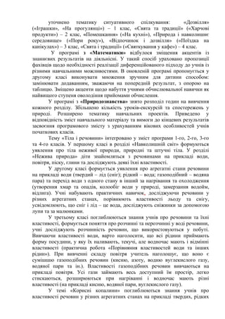 уточнено тематику ситуативного спілкування: «Дозвілля»
(«Іграшки», «На прогулянці») – 1 клас, «Свята та традиції» («Харчові
продукти») – 2 клас, «Помешкання» («На кухні»), «Природа і навколишнє
середовище» («Пори року»), «Відпочинок і дозвілля» («Поїздка на
канікулах») – 3 клас, «Свята і традиції» («Святкування у кафе») – 4 клас.
У програмі з «Математики» відбулося зміщення акцентів із
знаннєвих результатів на діяльнісні. У такий спосіб ураховано пропозиції
фахівців щодо необхідності реалізації диференційованого підходу до учнів із
різними навчальними можливостями. В оновленій програмі пропонується у
другому класі виконувати множення зручним для дитини способом:
замінювати додаванням, зважаючи на попередній результат, з опорою на
таблицю. Зміщено акценти щодо набуття учнями обчислювальної навички як
найвищого ступеня оволодіння прийомами обчислення.
У програмі з «Природознавства» знято розподіл годин на вивчення
кожного розділу. Збільшено кількість уроків-екскурсій та спостережень у
природі. Розширено тематику навчальних проектів. Приведено у
відповідність зміст навчального матеріалу та вимоги до кінцевих результатів
засвоєння програмового змісту з урахуванням вікових особливостей учнів
початкових класів.
Тему «Тіла і речовини» інтегровано у зміст програми 1-го, 2-го, 3-го
та 4-го класів. У першому класі в розділі «Навколишній світ» формуються
уявлення про тіла неживої природи, природні та штучні тіла. У розділі
«Нежива природа» діти знайомляться з речовинами на прикладі води,
повітря, піску, глини та досліджують деякі їхні властивості.
У другому класі формується уявлення про агрегатні стани речовини
на прикладі води (твердий – лід (cніг); рідкий – вода; газоподібний – водяна
пара) та перехід води з одного стану в інший за нагрівання та охолодження
(утворення хмар та опадів, колообіг води у природі, замерзання водойм,
відлига). Учні набувають практичних навичок, досліджуючи речовини у
різних агрегатних станах, порівнюють властивості льоду та снігу,
усвідомлюють, що сніг і лід – це вода, досліджують сніжинки за допомогою
лупи та за малюнками.
У третьому класі поглиблюються знання учнів про речовини та їхні
властивості, формується поняття про розчинні та нерозчинні у воді речовини,
учні досліджують розчинність речовин, що використовуються у побуті.
Вивчаючи властивості води, варто наголосити, що всі рідини приймають
форму посудини, у яку їх наливають, текучі, але водночас мають і відмінні
властивості (практична робота «Порівняння властивостей води та інших
рідин»). При вивченні складу повітря учитель наголошує, що воно є
сумішшю газоподібних речовин (кисню, азоту, водню вуглекислого газу,
водяної пари та ін.). Властивості газоподібних речовин вивчаються на
прикладі повітря. Усі гази займають весь доступний їм простір, легко
стискаються, розширюються при нагріванні і водночас мають різні
властивості (на прикладі кисню, водяної пари, вуглекислого газу).
У темі «Корисні копалини» поглиблюються знання учнів про
властивості речовин у різних агрегатних станах на прикладі твердих, рідких
 