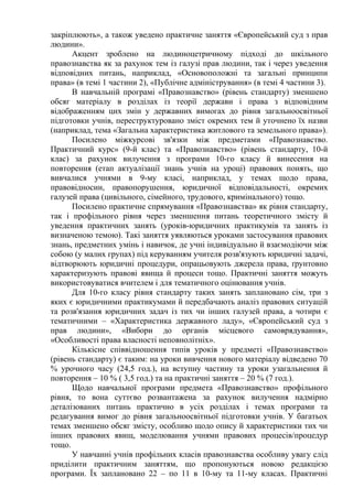 закріплюють», а також уведено практичне заняття «Європейський суд з прав
людини».
Акцент зроблено на людиноцетричному підході до шкільного
правознавства як за рахунок тем із галузі прав людини, так і через уведення
відповідних питань, наприклад, «Основоположні та загальні принципи
права» (в темі 1 частини 2), «Публічне адміністрування» (в темі 4 частини 3).
В навчальній програмі «Правознавство» (рівень стандарту) зменшено
обсяг матеріалу в розділах із теорії держави і права з відповідним
відображенням цих змін у державних вимогах до рівня загальноосвітньої
підготовки учнів, переструктуровано зміст окремих тем й уточнено їх назви
(наприклад, тема «Загальна характеристика житлового та земельного права»).
Посилено міжкурсові зв'язки між предметами «Правознавство.
Практичний курс» (9-й клас) та «Правознавство» (рівень стандарту, 10-й
клас) за рахунок вилучення з програми 10-го класу й винесення на
повторення (етап актуалізації знань учнів на уроці) правових понять, що
вивчалися учнями в 9-му класі, наприклад, у темах щодо права,
правовідносин, правопорушення, юридичної відповідальності, окремих
галузей права (цивільного, сімейного, трудового, кримінального) тощо.
Посилено практичне спрямування «Правознавства» як рівня стандарту,
так і профільного рівня через зменшення питань теоретичного змісту й
уведення практичних занять (уроків-юридичних практикумів та занять із
визначеною темою). Такі заняття уявляються уроками застосування правових
знань, предметних умінь і навичок, де учні індивідуально й взаємодіючи між
собою (у малих групах) під керуванням учителя розв'язують юридичні задачі,
відтворюють юридичні процедури, опрацьовують джерела права, ґрунтовно
характеризують правові явища й процеси тощо. Практичні заняття можуть
використовуватися вчителем і для тематичного оцінювання учнів.
Для 10-го класу рівня стандарту таких занять заплановано сім, три з
яких є юридичними практикумами й передбачають аналіз правових ситуацій
та розв'язання юридичних задач із тих чи інших галузей права, а чотири є
тематичними – «Характеристика державного ладу», «Європейський суд з
прав людини», «Вибори до органів місцевого самоврядування»,
«Особливості права власності неповнолітніх».
Кількісне співвідношення типів уроків у предметі «Правознавство»
(рівень стандарту) є таким: на уроки вивчення нового матеріалу відведено 70
% урочного часу (24,5 год.), на вступну частину та уроки узагальнення й
повторення – 10 % ( 3,5 год.) та на практичні заняття – 20 % (7 год.).
Щодо навчальної програми предмета «Правознавство» профільного
рівня, то вона суттєво розвантажена за рахунок вилучення надмірно
деталізованих питань практично в усіх розділах і темах програми та
редагування вимог до рівня загальноосвітньої підготовки учнів. У багатьох
темах зменшено обсяг змісту, особливо щодо опису й характеристики тих чи
інших правових явищ, моделювання учнями правових процесів/процедур
тощо.
У навчанні учнів профільних класів правознавства особливу увагу слід
приділити практичним заняттям, що пропонуються новою редакцією
програми. Їх заплановано 22 – по 11 в 10-му та 11-му класах. Практичні
 